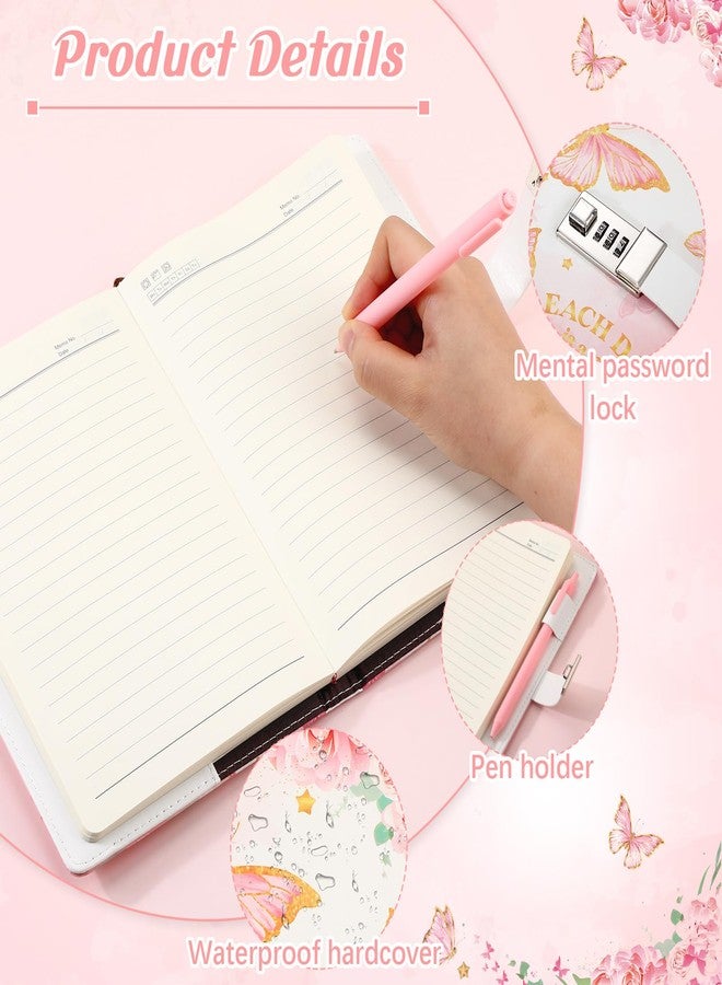 Saypacck Pink Lock Diary with Pen A5 Leather Password Journal Locked Diary for Women Birthday Party Favors(Butterfly) - Image 3